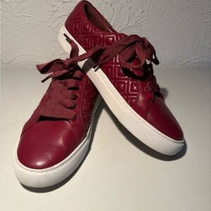 Tory Burch Maroon Red Sneakers with Quilted Geometric Design